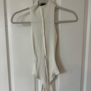 Naked Wardrobe Cream Asymmetrical Bodysuit with Mandarin Collar